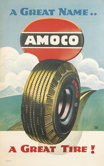 LUCIAN BERNHARD (1883-1972). AMOCO / A GREAT NAME . . A GREAT TIRE! Circa 1940s. 42x26 inches, 107x67 cm.